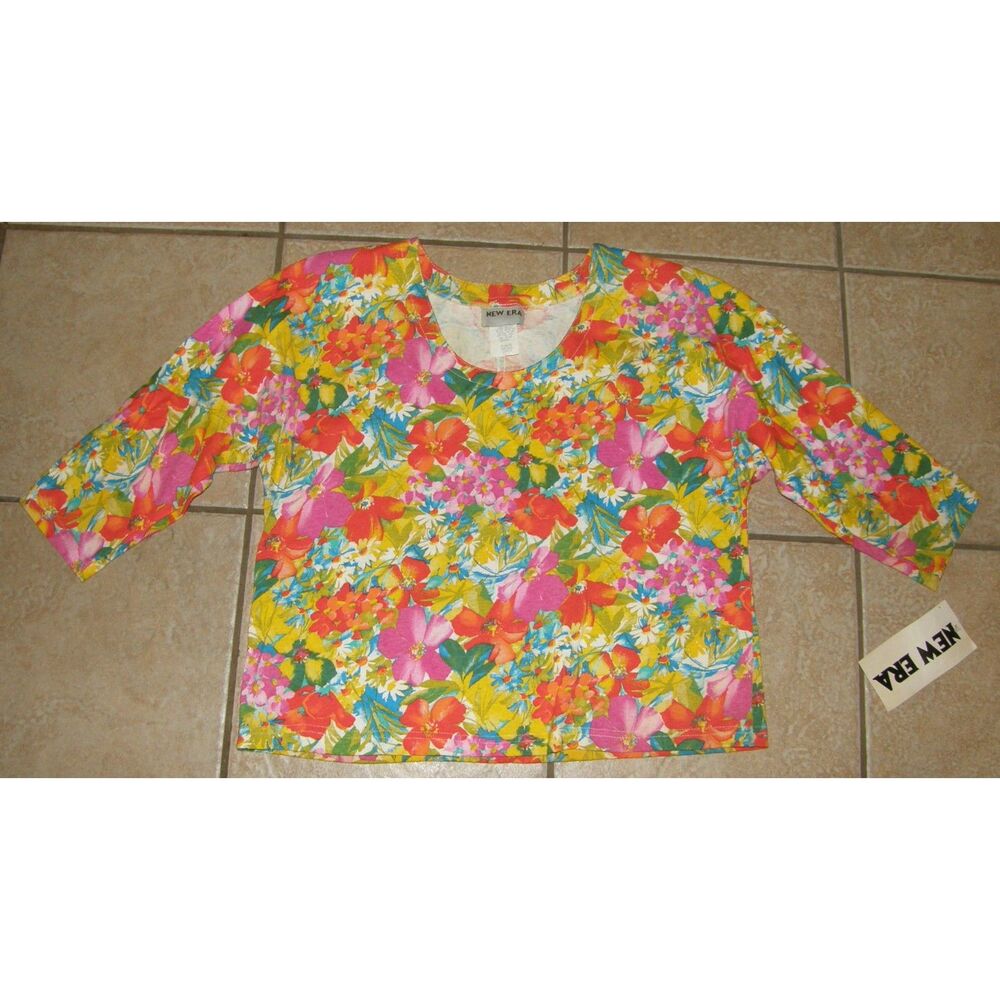 NEW Vintage Bright Colorful Floral Sz Large Casual Wear 3/4 Sleeve Cotton Shirt
